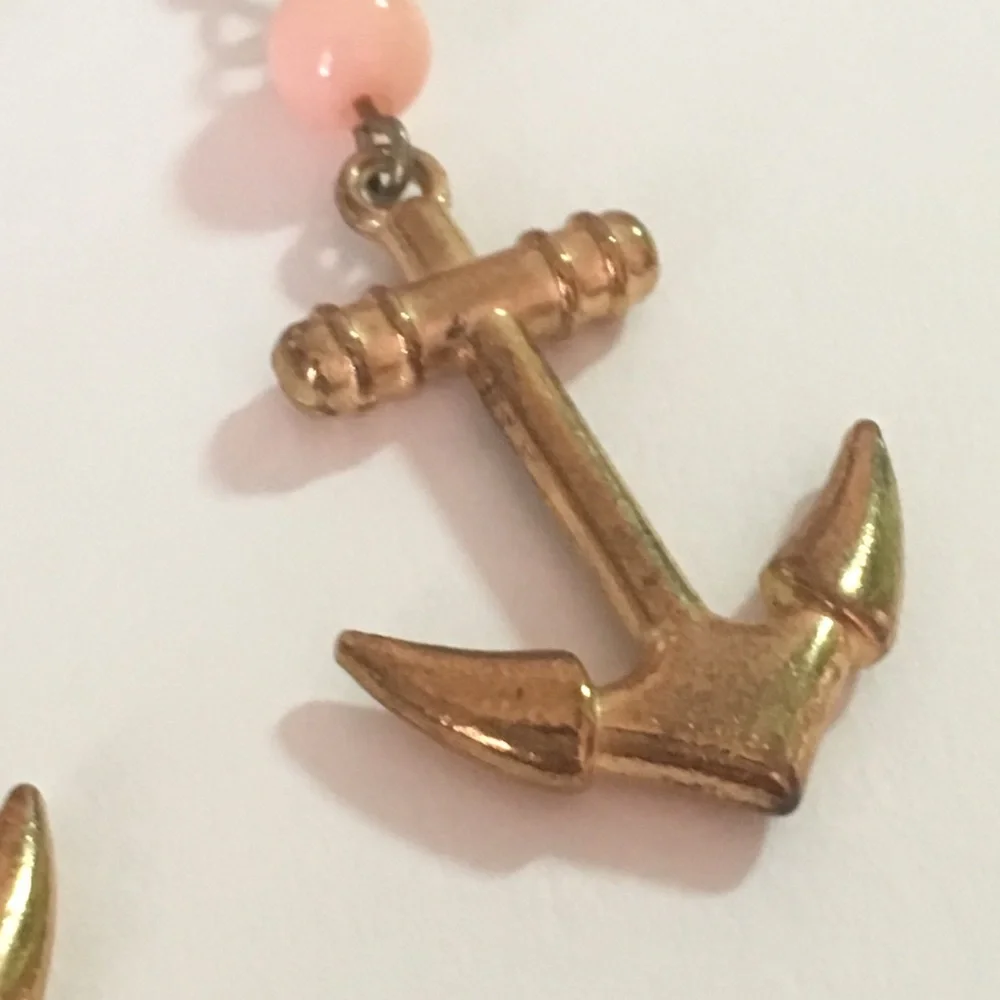 Gold Tone Dangling Anchor Earrings w Pink Beads